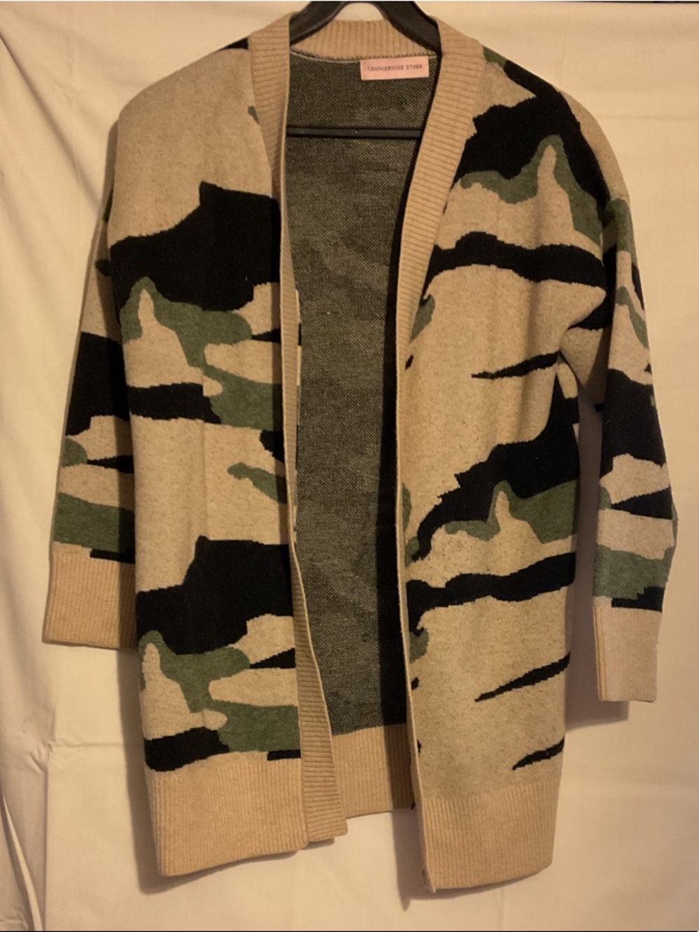 Open-Front Camo Cardigan Sweater - Beige/Green